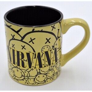 Nirvana Mug Coffee Tea Cup 14 oz Yellow Black Ceramic Smiley Face Collage 2018